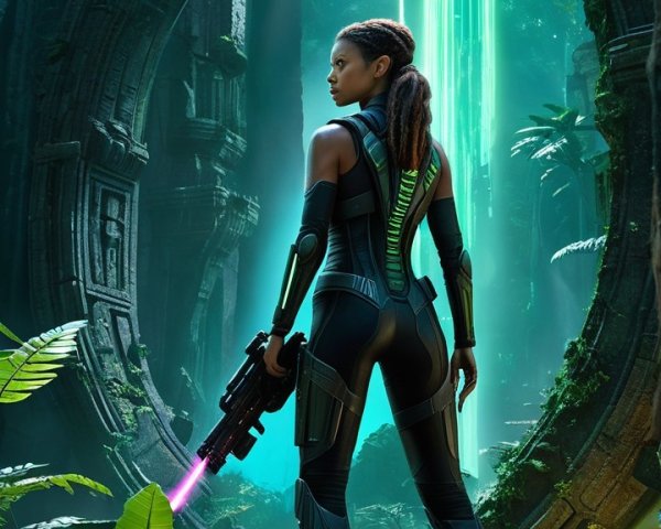 Futuristic warrior by mystical stone archway in nature