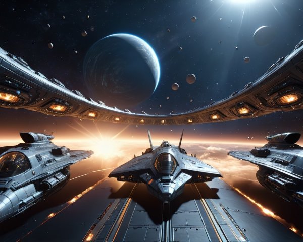 Futuristic Spacecraft and Circular Space Station in Space