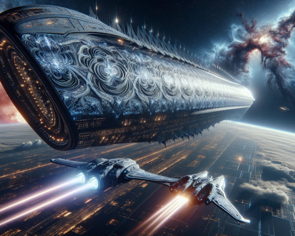 Ornate Spaceship in Colorful Cosmic Nebula Scene