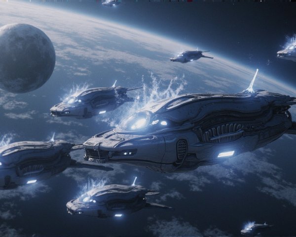 Futuristic spacecraft in space with blue lights and moon