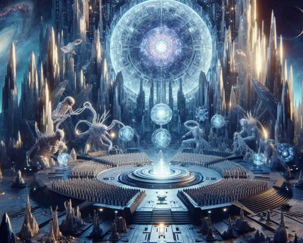 Celestial Landscape with Crystalline Structures and Beings