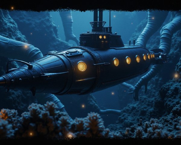 Vintage Submarine in Dark Underwater Landscape