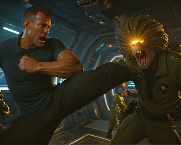 Futuristic Battle Scene with Humanoid and Alien Creature
