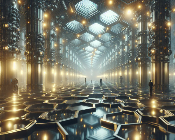 Futuristic hall with metallic columns and hexagonal tiles