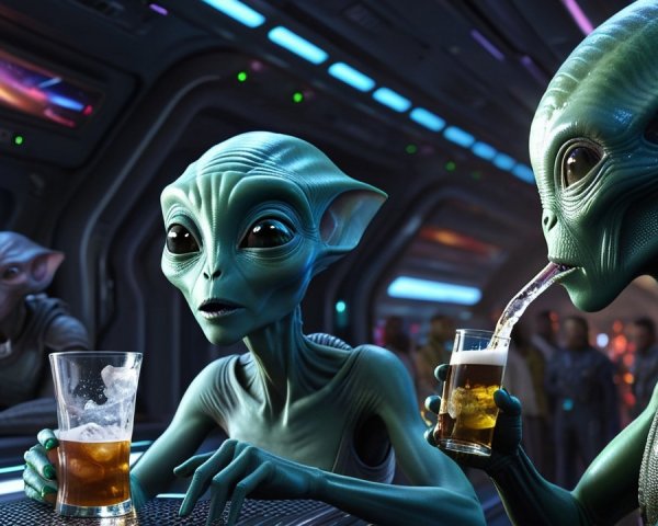 Futuristic Bar Scene with Aliens and Advanced Technology