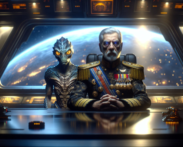 Futuristic Command Room with Human and Alien Figures