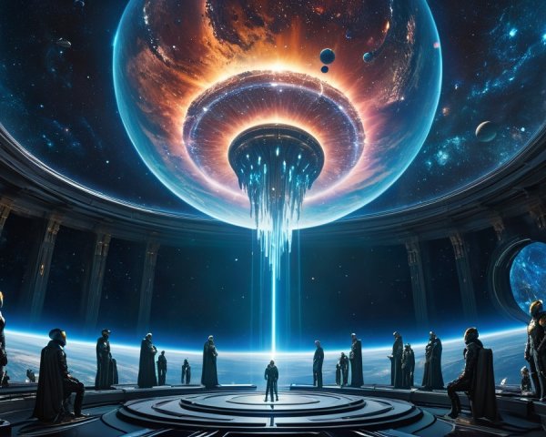 Futuristic Figures in Awe of Cosmic Phenomenon