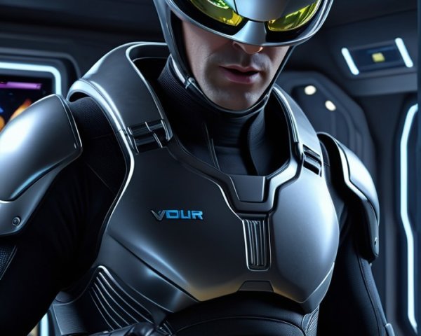 Futuristic figure in armor enjoying potato chips