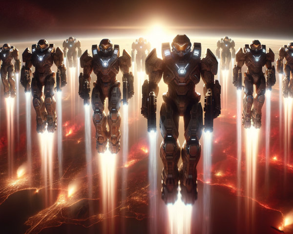 Futuristic armored robots prepare for flight at sunrise