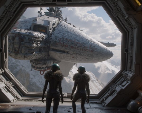 Futuristic Figures Observing Spaceship in Snowy Landscape