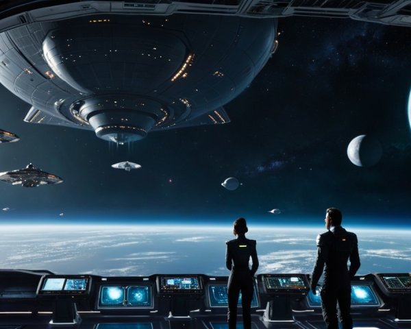 Futuristic spacecraft command center with cosmic vista