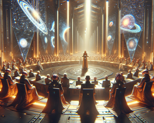 Futuristic chamber with assembly discussing galaxies