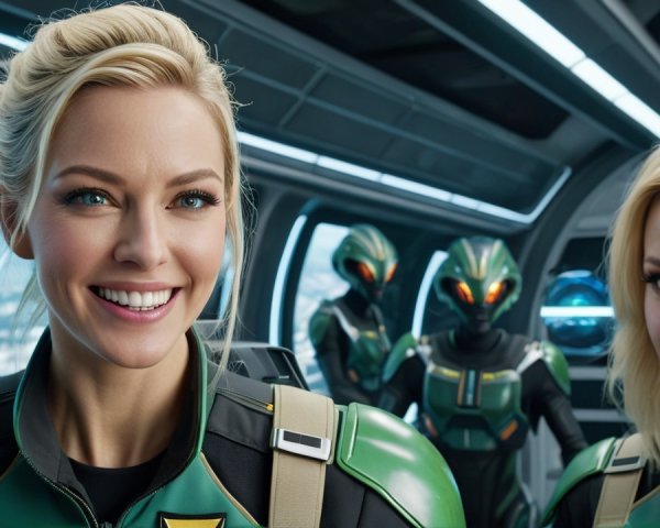 Futuristic Team in Green-Accented Uniforms and Helmets