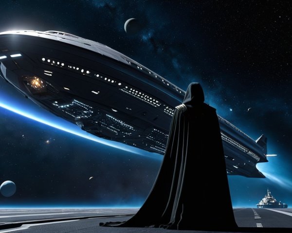 Cloaked Figure Observing Futuristic Spaceship in Space