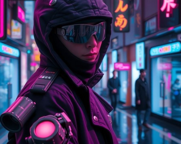 Futuristic figure in neon-lit cyberpunk street scene