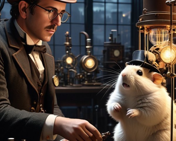 Whimsical Laboratory with Scientist and Dressed Hamster