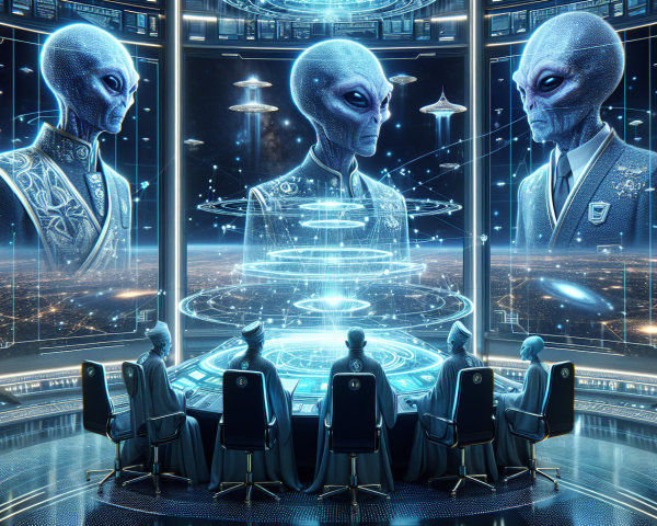 Futuristic Conference Room with Alien Beings and Holograms