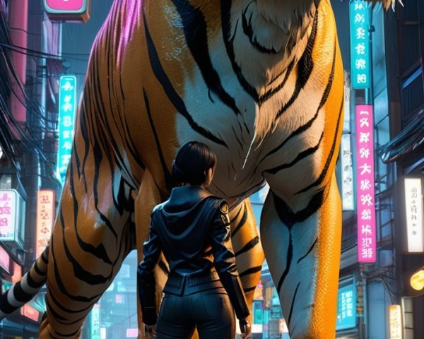 Neon Urban Scene with Woman and Tiger Contrast