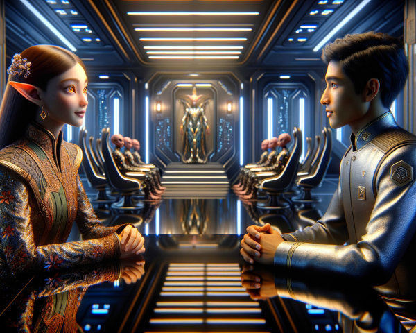 Futuristic Chamber with Elf Woman and Young Man Meeting