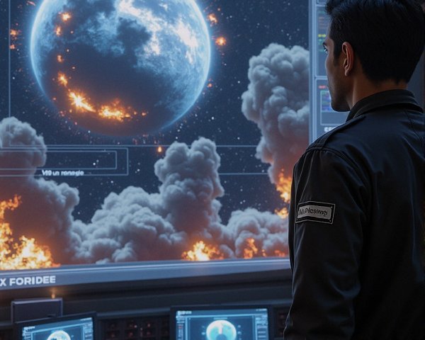 Futuristic Control Room with Holographic Disaster Display