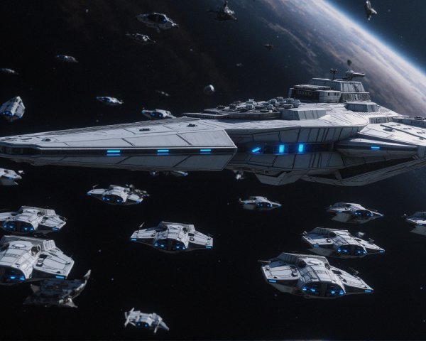 Futuristic Spaceship with Fleet in Cosmic Scene