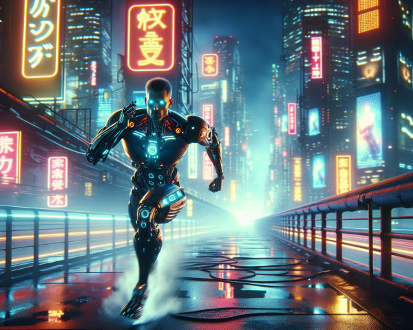 Cyborg in Neon-Lit Cyberpunk Cityscape Running