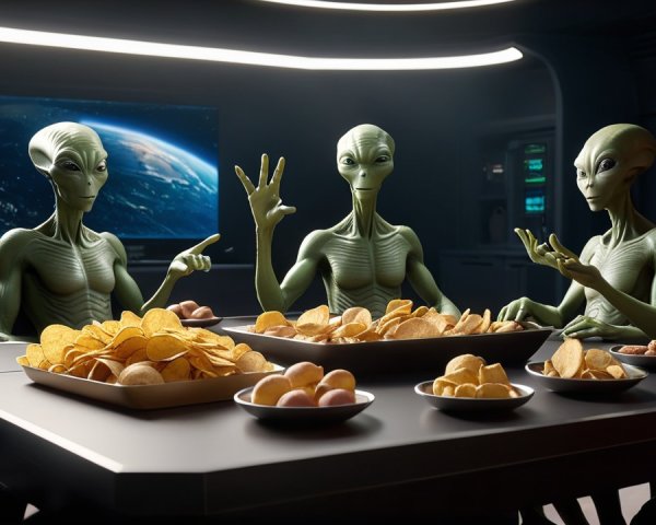 Futuristic Gathering of Aliens with Snacks and Earth View