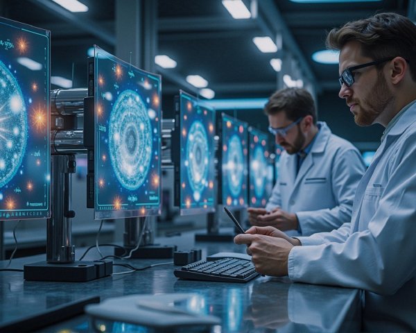 Scientists Analyzing Cosmic Data in Modern Lab Setting