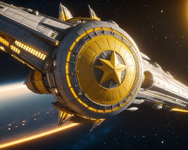 Futuristic spacecraft with golden star emblem and planet