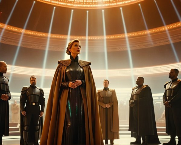 Futuristic chamber with central figure and armored figures