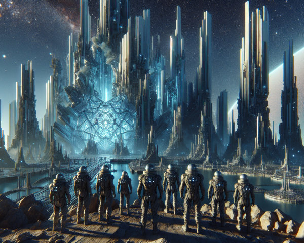 Futuristic landscape with crystal structures and astronauts