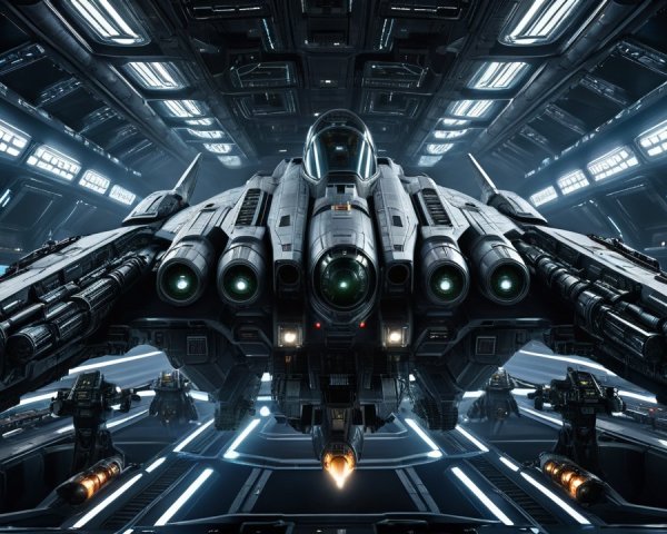 Futuristic Spacecraft in High-Tech Hangar Setting