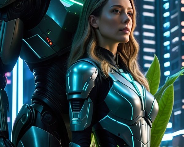 Futuristic Scene with Woman, Robot, and Neon Lights