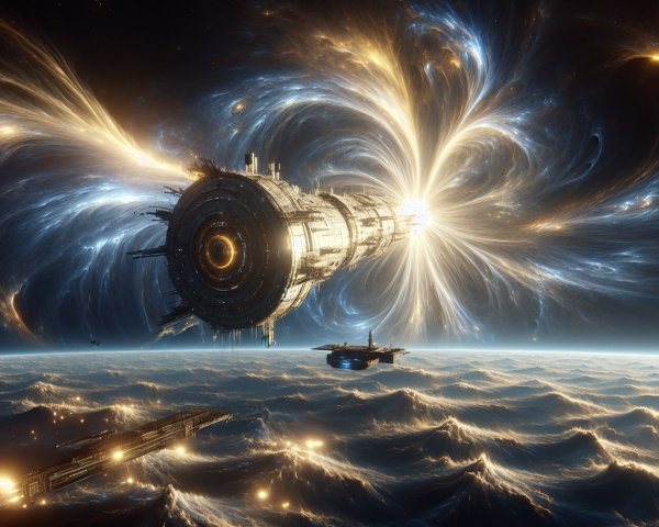 Futuristic Space Station Amid Cosmic Energy and Ocean Planet