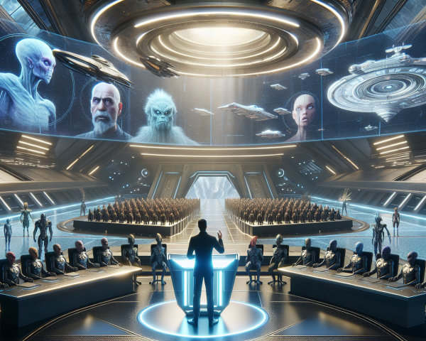 Futuristic Conference Room with Diverse Humanoids Discussing