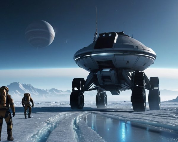 Futuristic Astronauts and Advanced Rover in Icy Landscape