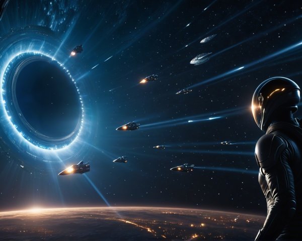 Astronaut Before Black Hole with Advanced Spacecraft