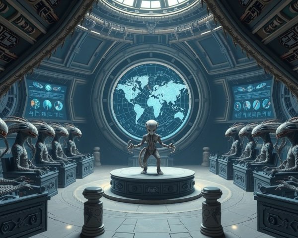 Futuristic Room with Advanced Technology and Alien Statues