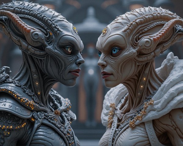 Intricately Designed Alien Beings in Futuristic Setting