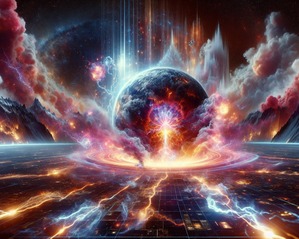 Vibrant Cosmic Scene with Fiery Planet and Mountains