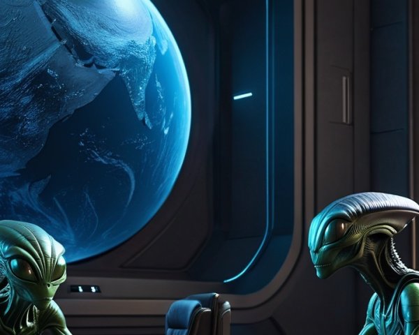 Futuristic Spacecraft with Green-Skinned Aliens Conversing