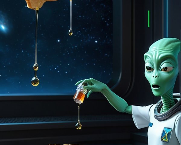 Alien Character Drizzling Syrup on Waffles in Space