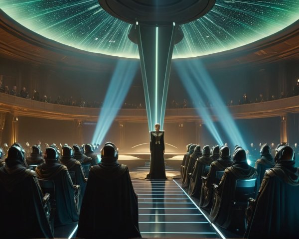 Futuristic Hall with Speaker and Cloaked Audience