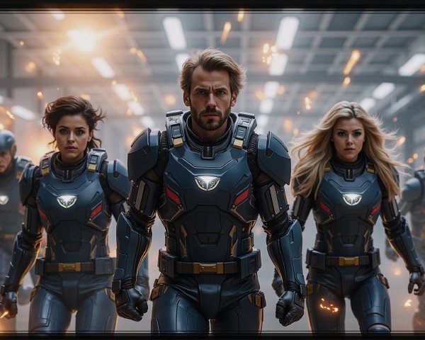 Dynamic Superheroes in High-Tech Armor Prepare for Battle