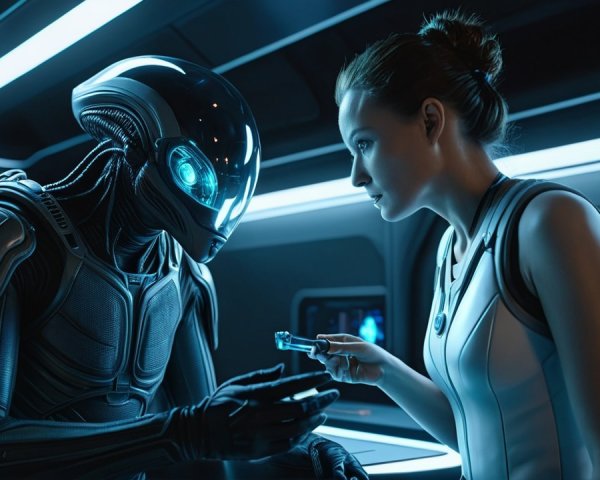 Futuristic Alien-Human Interaction in High-Tech Setting