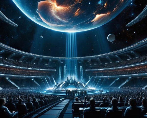 Futuristic arena with grand structure and celestial backdrop