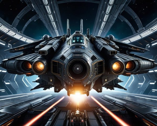 Futuristic Spaceship in High-Tech Space Station Hangar