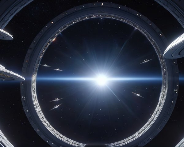 Space Scene with Spacecraft and Glimmering Ring Structure