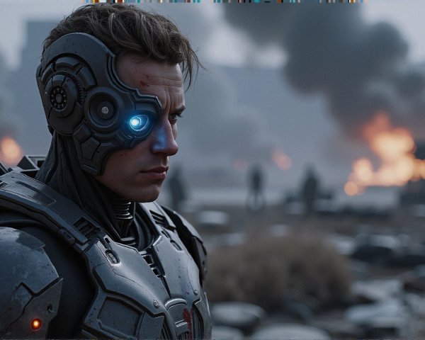Futuristic Armored Figure in Dystopian Chaos Scene