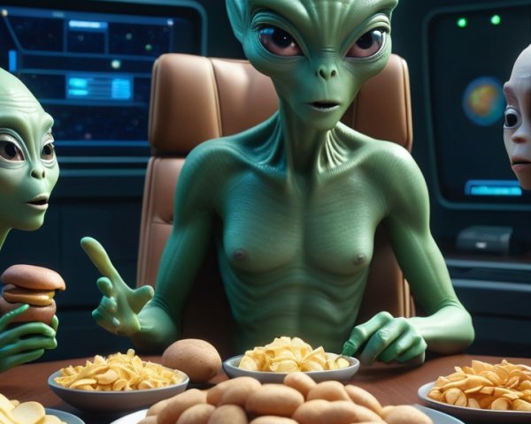 Futuristic Scene with Green-Skinned Aliens and Snacks